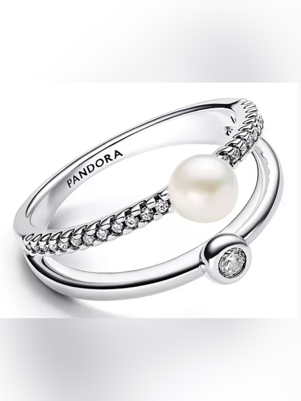 NIB Pandora Silver Fresh Water Pearl and Cubic Zirconia Double Ring (Sz 6)